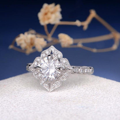 Art Deco 1.00 CT Round Cut Gold Flower Halo Antique Moissanite Engagement Ring - JBR Jeweler