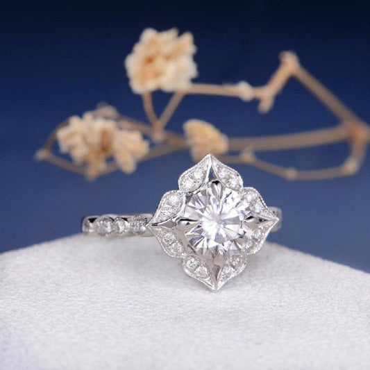 Art Deco 1.00 CT Round Cut Gold Flower Halo Antique Moissanite Engagement Ring - JBR Jeweler