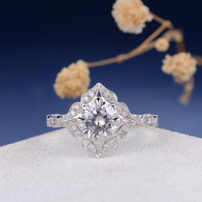 Art Deco 1.00 CT Round Cut Gold Flower Halo Antique Moissanite Engagement Ring - JBR Jeweler