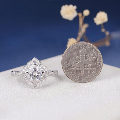 Art Deco 1.00 CT Round Cut Gold Flower Halo Antique Moissanite Engagement Ring - JBR Jeweler