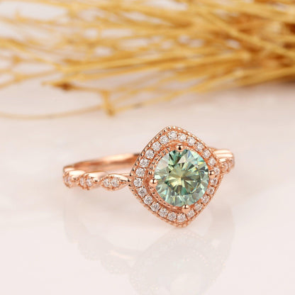 Art Deco Halo 1.0CT Round Cut Green Moissanite Wedding Ring For Women - JBR Jeweler