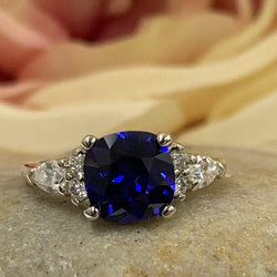 Blue Sapphire Cushion Cut 14K Solid White Gold wedding rings - JBR Jeweler