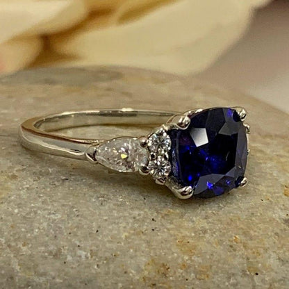 Blue Sapphire Cushion Cut 14K Solid White Gold wedding rings - JBR Jeweler