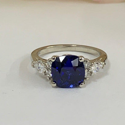 Blue Sapphire Cushion Cut 14K Solid White Gold wedding rings - JBR Jeweler