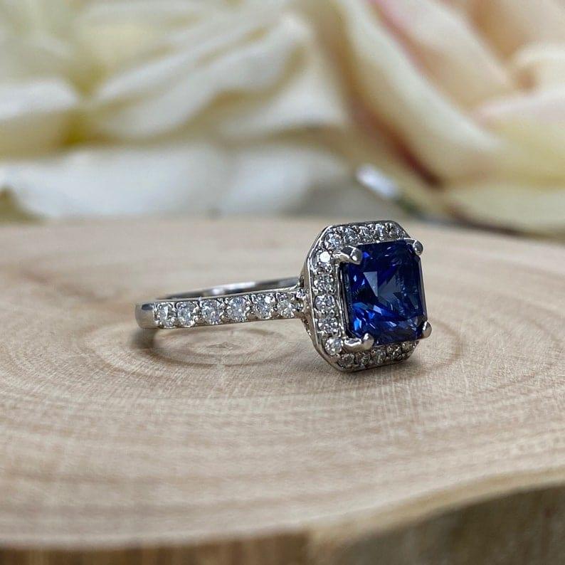 Blue Sapphire Halo Royal Blue Wedding Anniversary Gift Ring 18K Gold White Gold