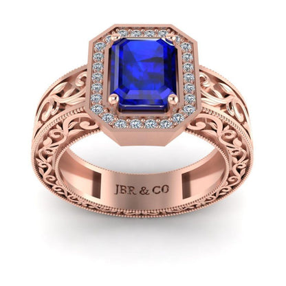 Blue Sapphire Scroll Halo Sterling Silver Wedding Ring - JBR Jeweler