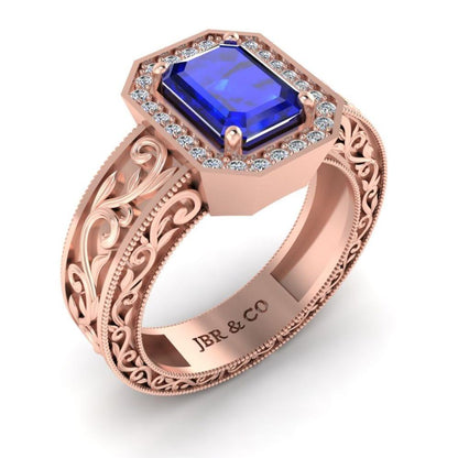 Blue Sapphire Scroll Halo Sterling Silver Wedding Ring - JBR Jeweler