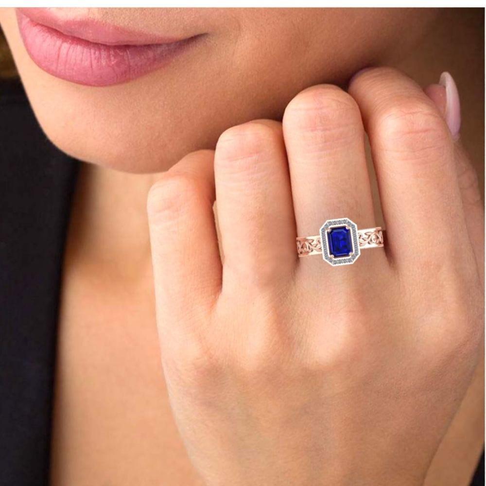 Blue Sapphire Scroll Halo Sterling Silver Wedding Ring - JBR Jeweler