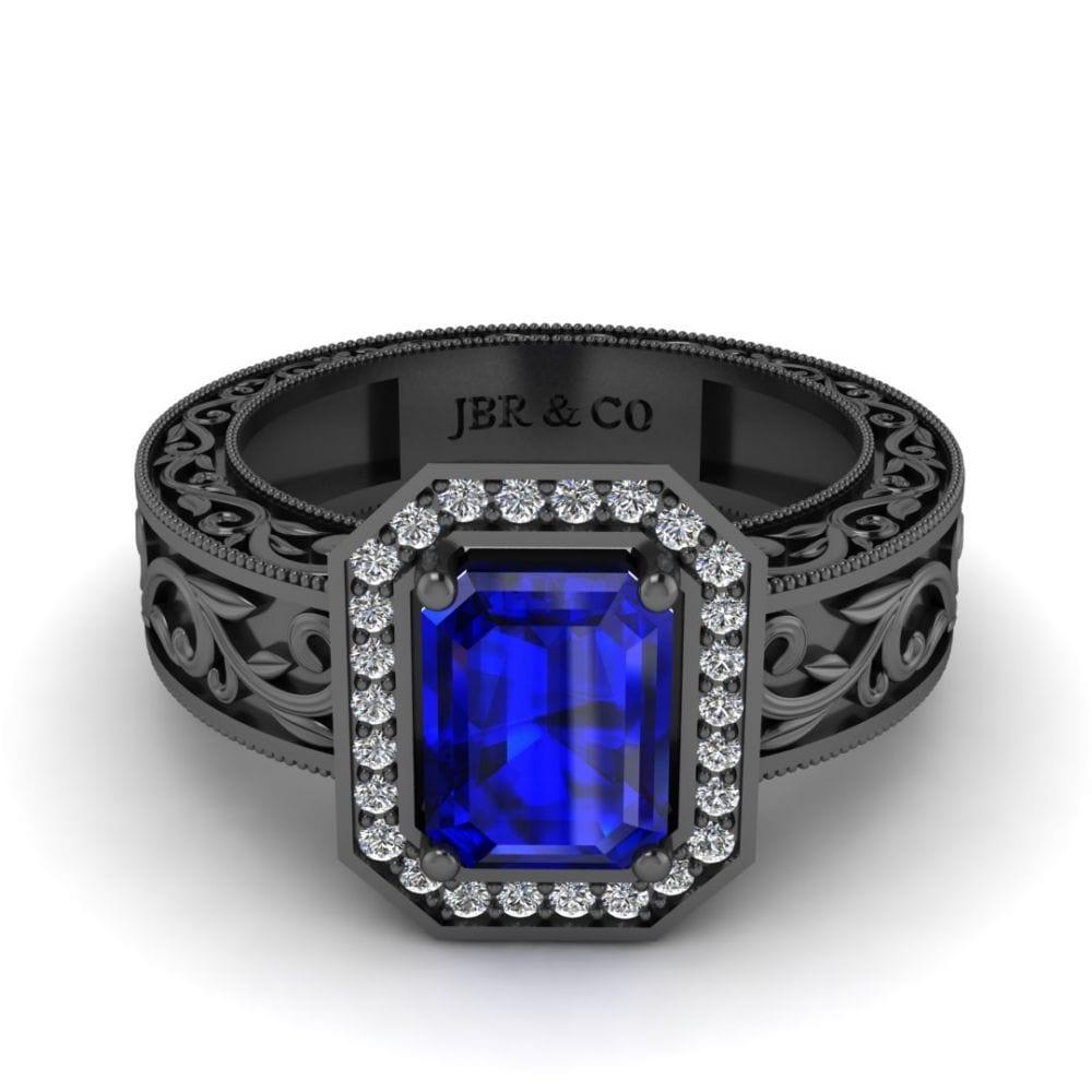 Blue Sapphire Scroll Halo Sterling Silver Wedding Ring - JBR Jeweler