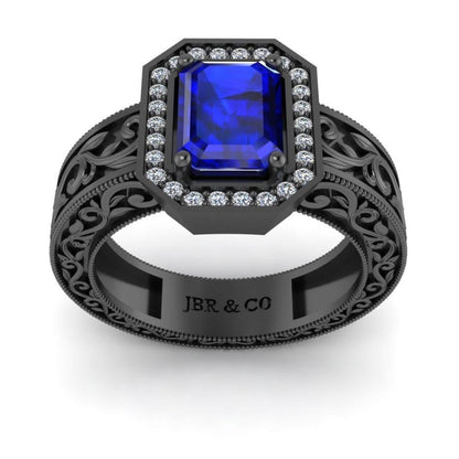 Blue Sapphire Scroll Halo Sterling Silver Wedding Ring - JBR Jeweler