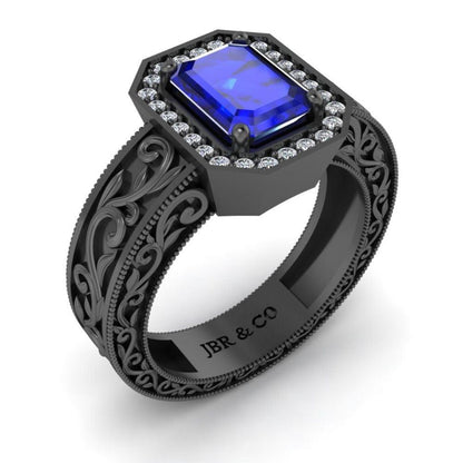 Blue Sapphire Scroll Halo Sterling Silver Wedding Ring - JBR Jeweler