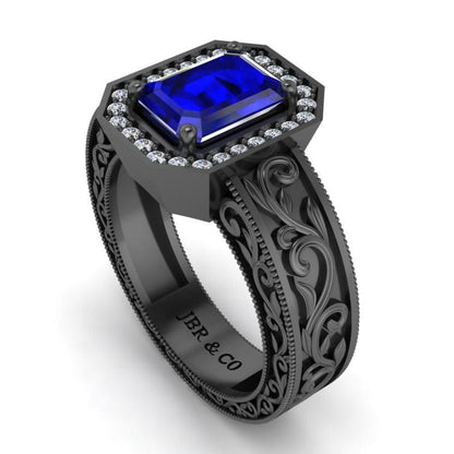 Blue Sapphire Scroll Halo Sterling Silver Wedding Ring - JBR Jeweler