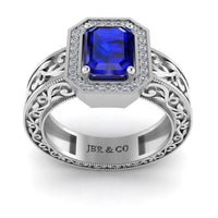 Blue Sapphire Scroll Halo Sterling Silver Wedding Ring - JBR Jeweler