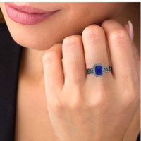 Blue Sapphire Scroll Halo Sterling Silver Wedding Ring - JBR Jeweler