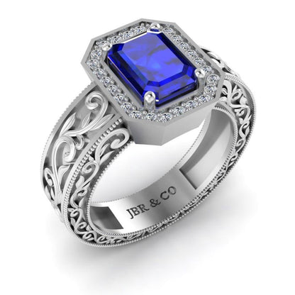 Blue Sapphire Scroll Halo Sterling Silver Wedding Ring - JBR Jeweler