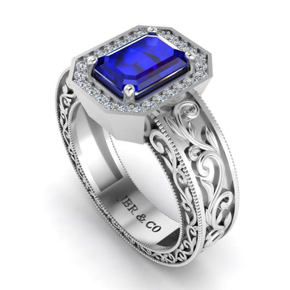 Blue Sapphire Scroll Halo Sterling Silver Wedding Ring - JBR Jeweler