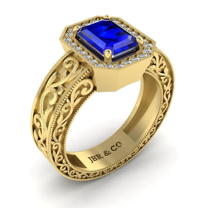 Blue Sapphire Scroll Halo Sterling Silver Wedding Ring - JBR Jeweler