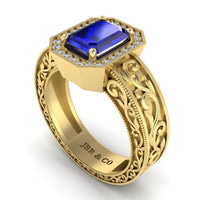 Blue Sapphire Scroll Halo Sterling Silver Wedding Ring - JBR Jeweler