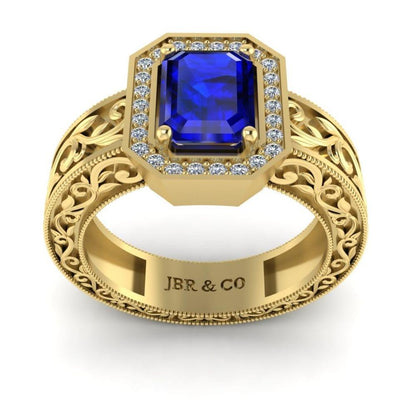 Blue Sapphire Scroll Halo Sterling Silver Wedding Ring - JBR Jeweler