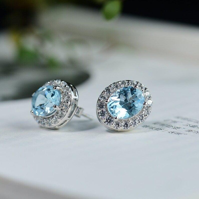 Blue Topaz Earring Studs Oval Cut Blue Topaz Gemstone 3ct+3ct Blue Topaz Earring - JBR Jeweler