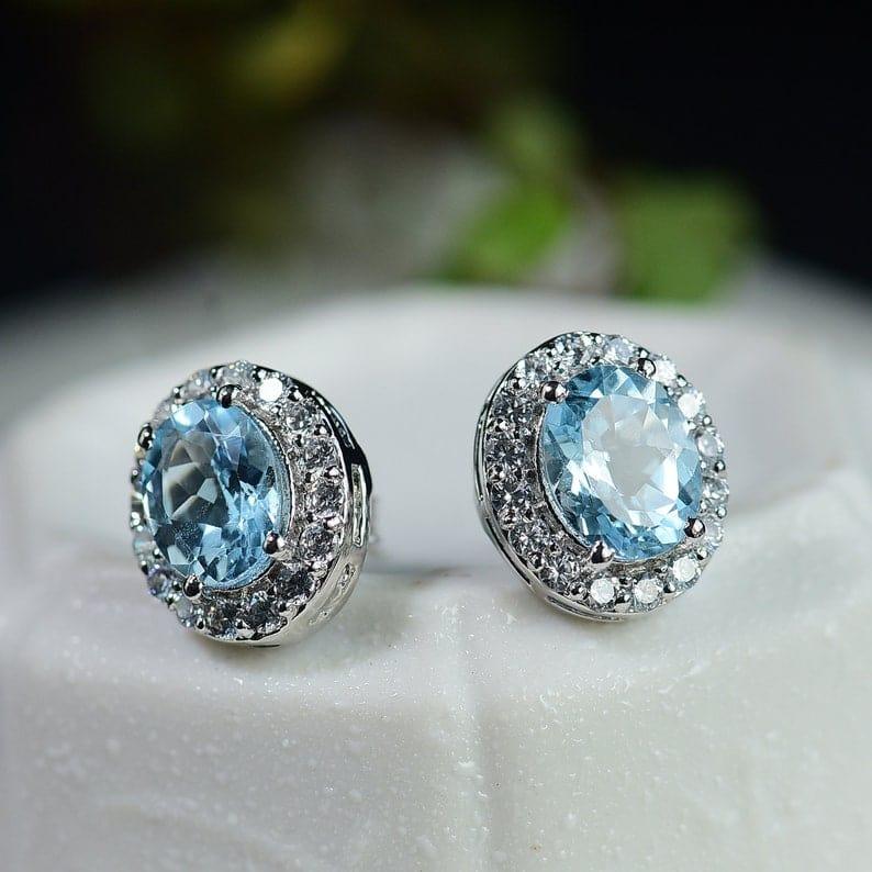 Blue Topaz Earring Studs Oval Cut Blue Topaz Gemstone 3ct+3ct Blue Topaz Earring - JBR Jeweler