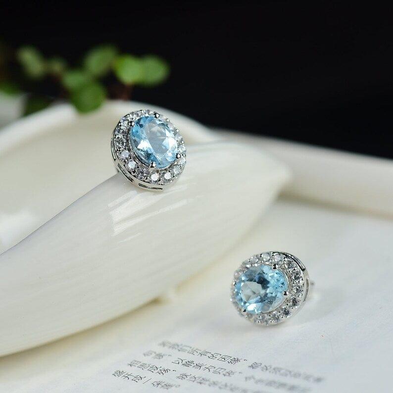 Blue Topaz Earring Studs Oval Cut Blue Topaz Gemstone 3ct+3ct Blue Topaz Earring - JBR Jeweler