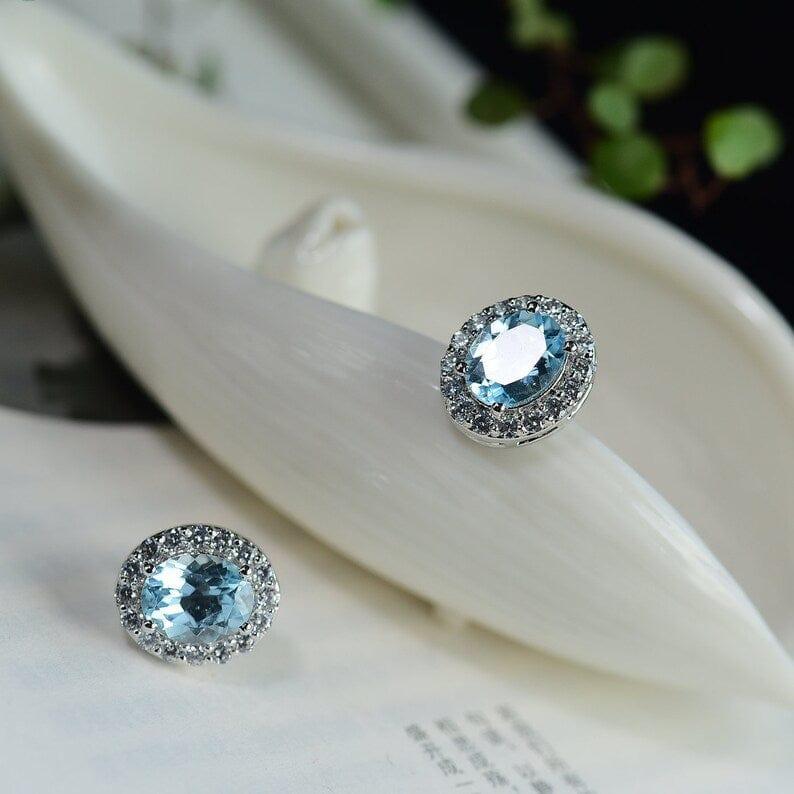 Blue Topaz Earring Studs Oval Cut Blue Topaz Gemstone 3ct+3ct Blue Topaz Earring - JBR Jeweler
