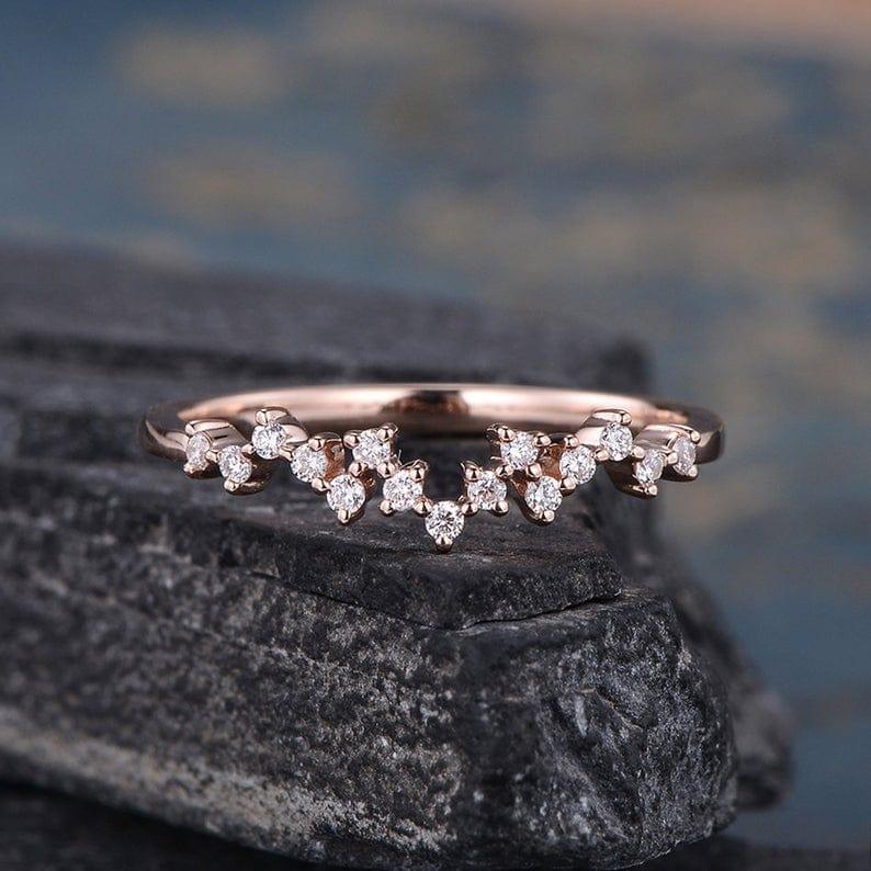 Cluster Moissanite Diamond Matching Stacking Unique Zig Zag Rose Gold Wedding Band - JBR Jeweler