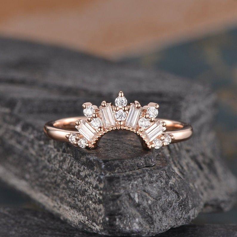 Curved Rose Gold Chevron Custom Made Baguette Cut Cluster Moissanite Wedding Band - JBR Jeweler