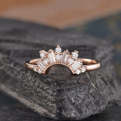 Curved Rose Gold Chevron Custom Made Baguette Cut Cluster Moissanite Wedding Band - JBR Jeweler