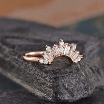 Curved Rose Gold Chevron Custom Made Baguette Cut Cluster Moissanite Wedding Band - JBR Jeweler