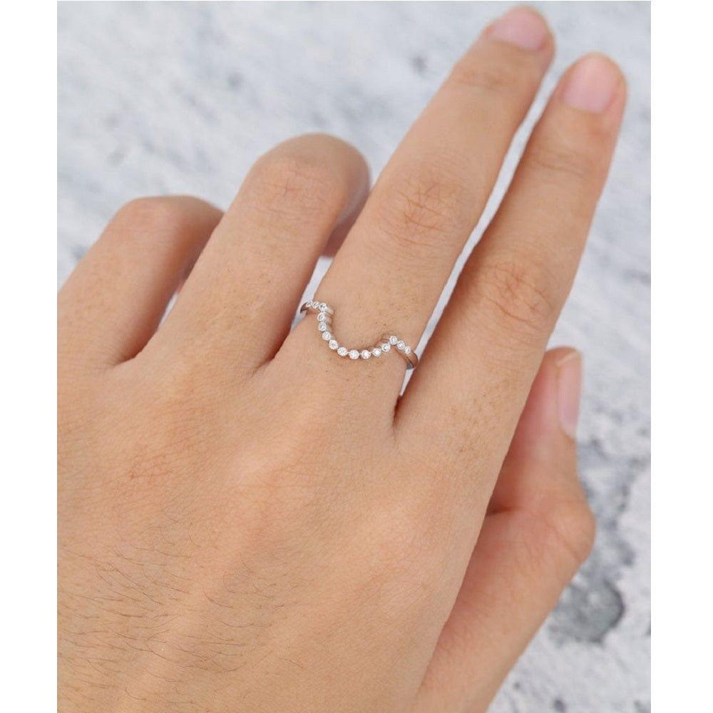 Curved White Gold Milgrain Diamond Bezel Set Stacking Matching Unique Wedding Band - JBR Jeweler