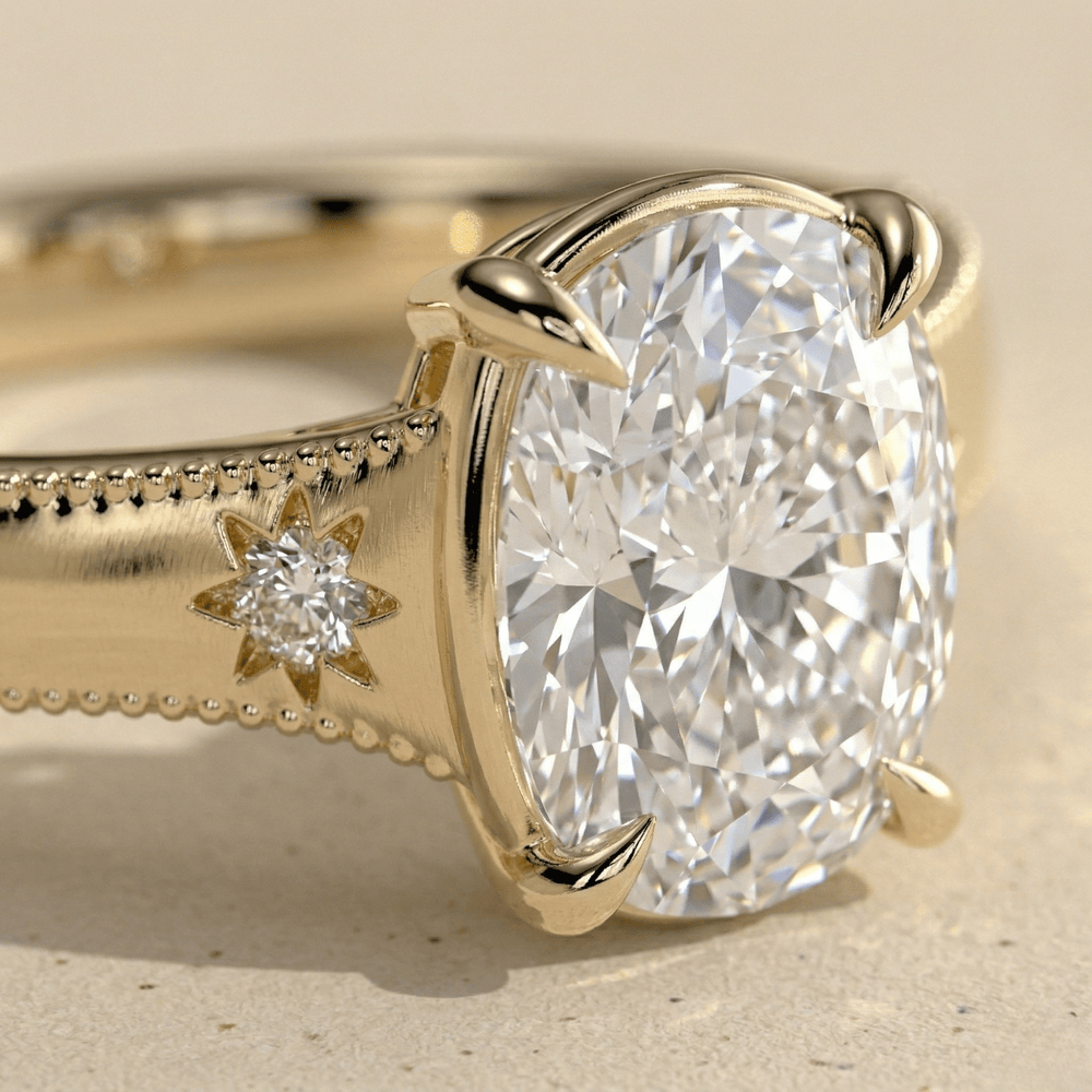 Cushion cut moissanite bezel set Star of David ring closeup view