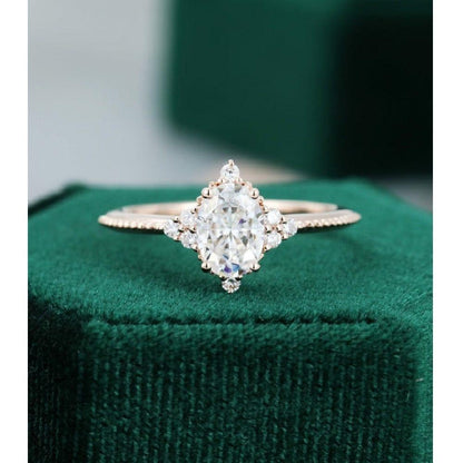 Dainty Oval Cut Rose Gold Cluster Wedding Moissanite Engagement Promise Ring - JBR Jeweler