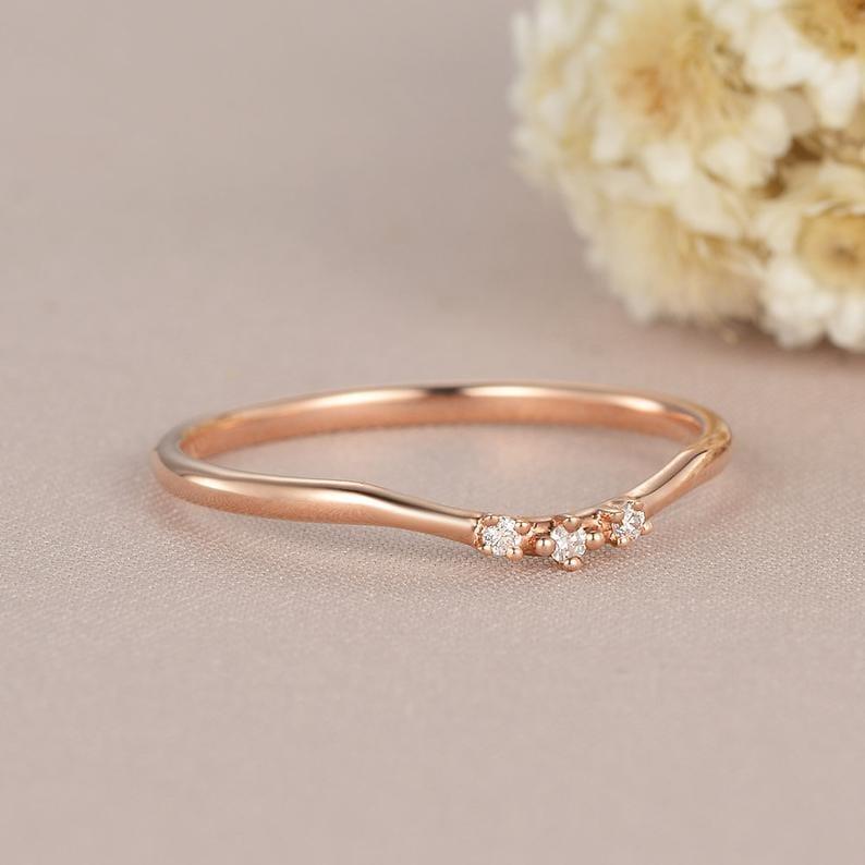 Dainty Rose Gold Matching Three Stone Moissanite Wedding Band Gift For Women - JBR Jeweler