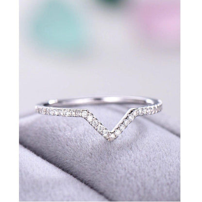 Delicate 14K White Gold V Shaped Chevron Moissanite Wedding Band For Women - JBR Jeweler