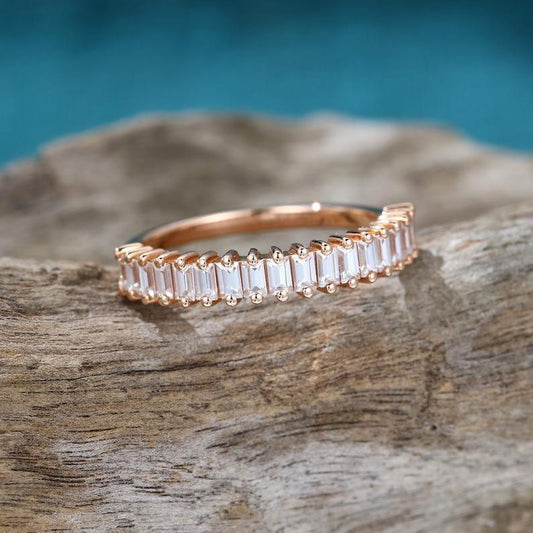 JBR Jeweler Moissanite Wedding Ring Delicate Rose Gold Baguette Cut Moissanite Half Eternity Wedding Band Ring