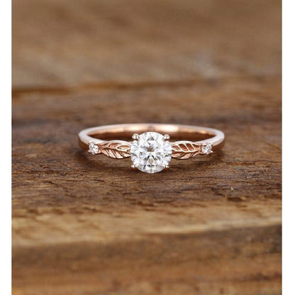 Delicate Round Cut Leaf Rose Gold Solitaire Diamond Moissanite Engagement Ring - JBR Jeweler