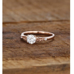 Delicate Round Cut Leaf Rose Gold Solitaire Diamond Moissanite Engagement Ring - JBR Jeweler