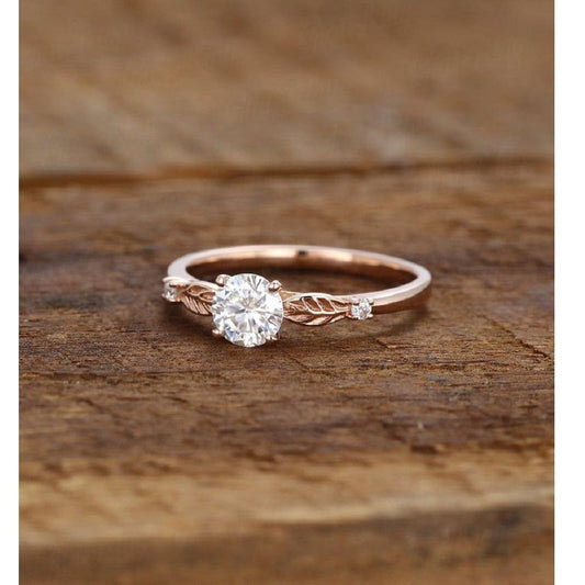 Delicate Round Cut Leaf Rose Gold Solitaire Diamond Moissanite Engagement Ring - JBR Jeweler