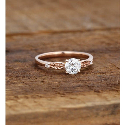 Delicate Round Cut Leaf Rose Gold Solitaire Diamond Moissanite Engagement Ring - JBR Jeweler