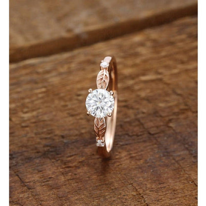 Delicate Round Cut Leaf Rose Gold Solitaire Diamond Moissanite Engagement Ring - JBR Jeweler