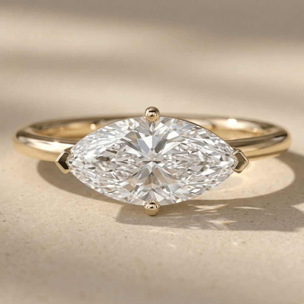 East west marquise moissanite solitaire engagement ring, top view