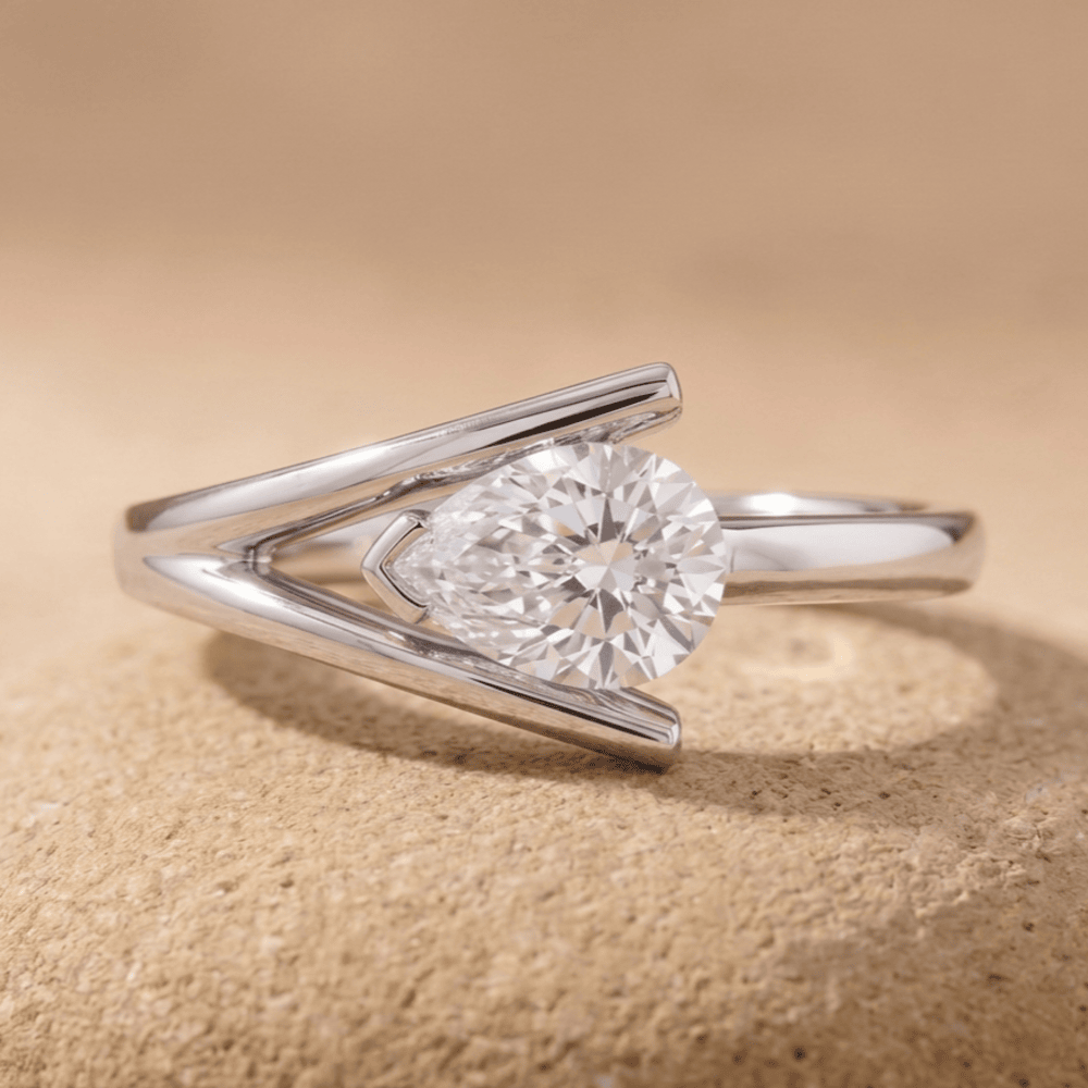 East West Pear Cut Moissanite Ring in 14K White Gold