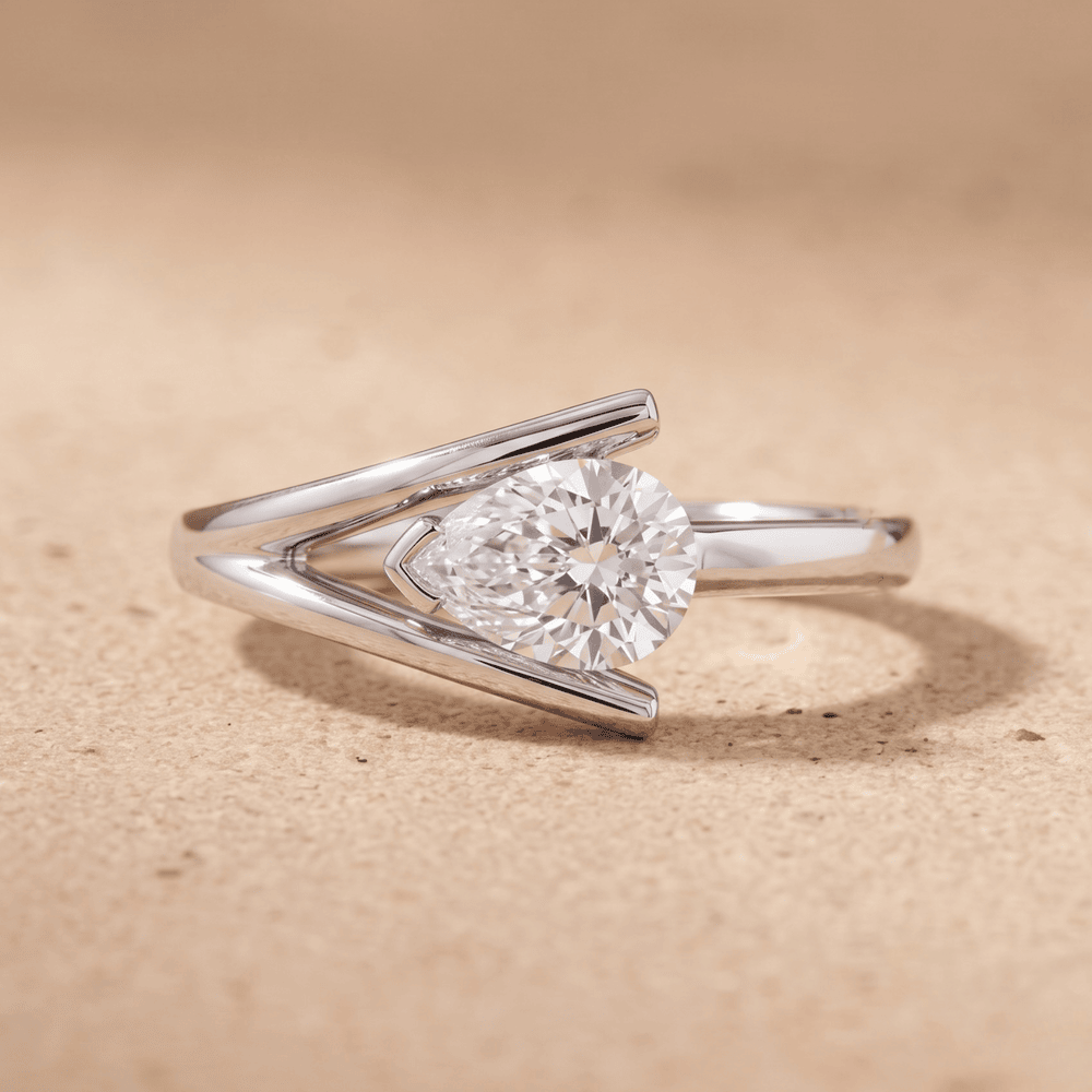 East west pear moissanite ring in 14K white gold, art deco style