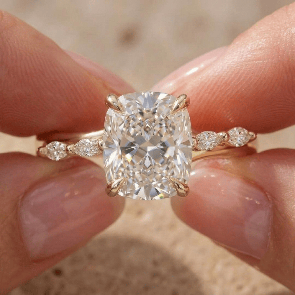 Elongated cushion cut moissanite engagement ring