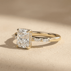 Elongated cushion moissanite ring with hidden halo detail