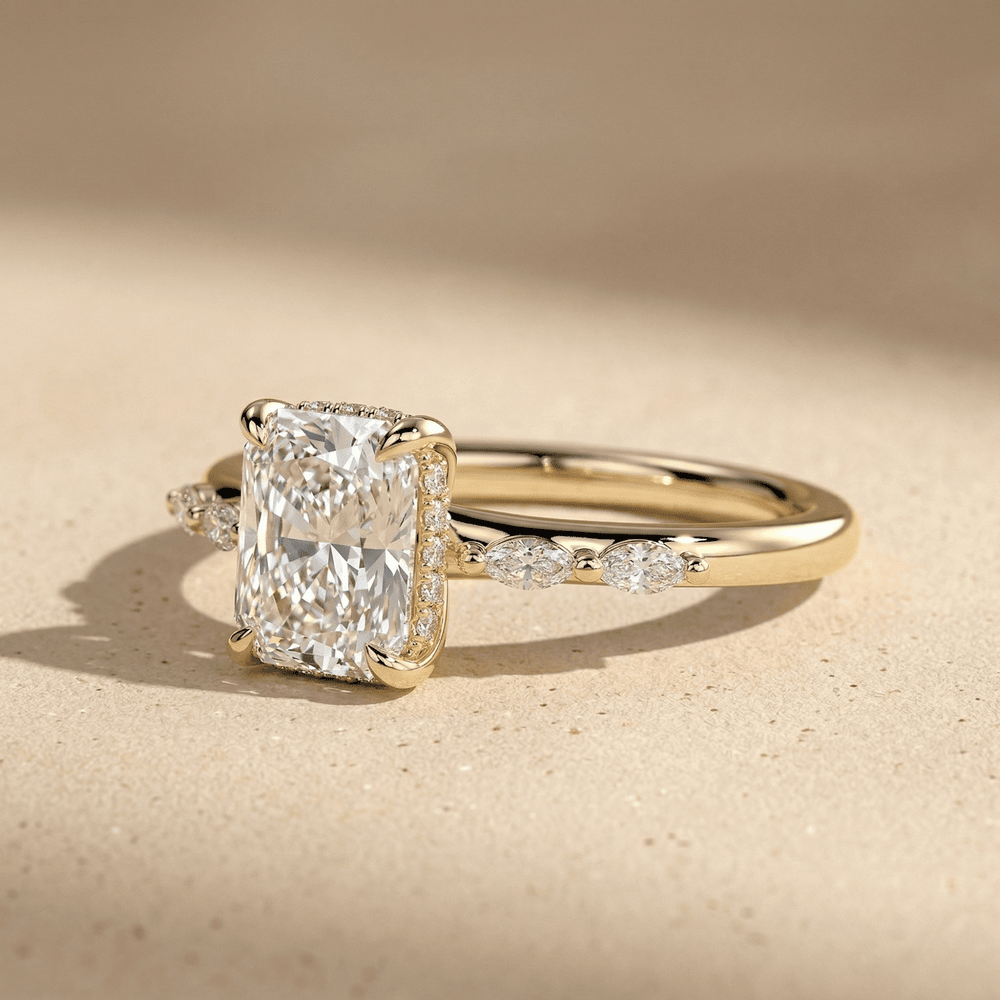 Elongated cushion moissanite ring with hidden halo detail