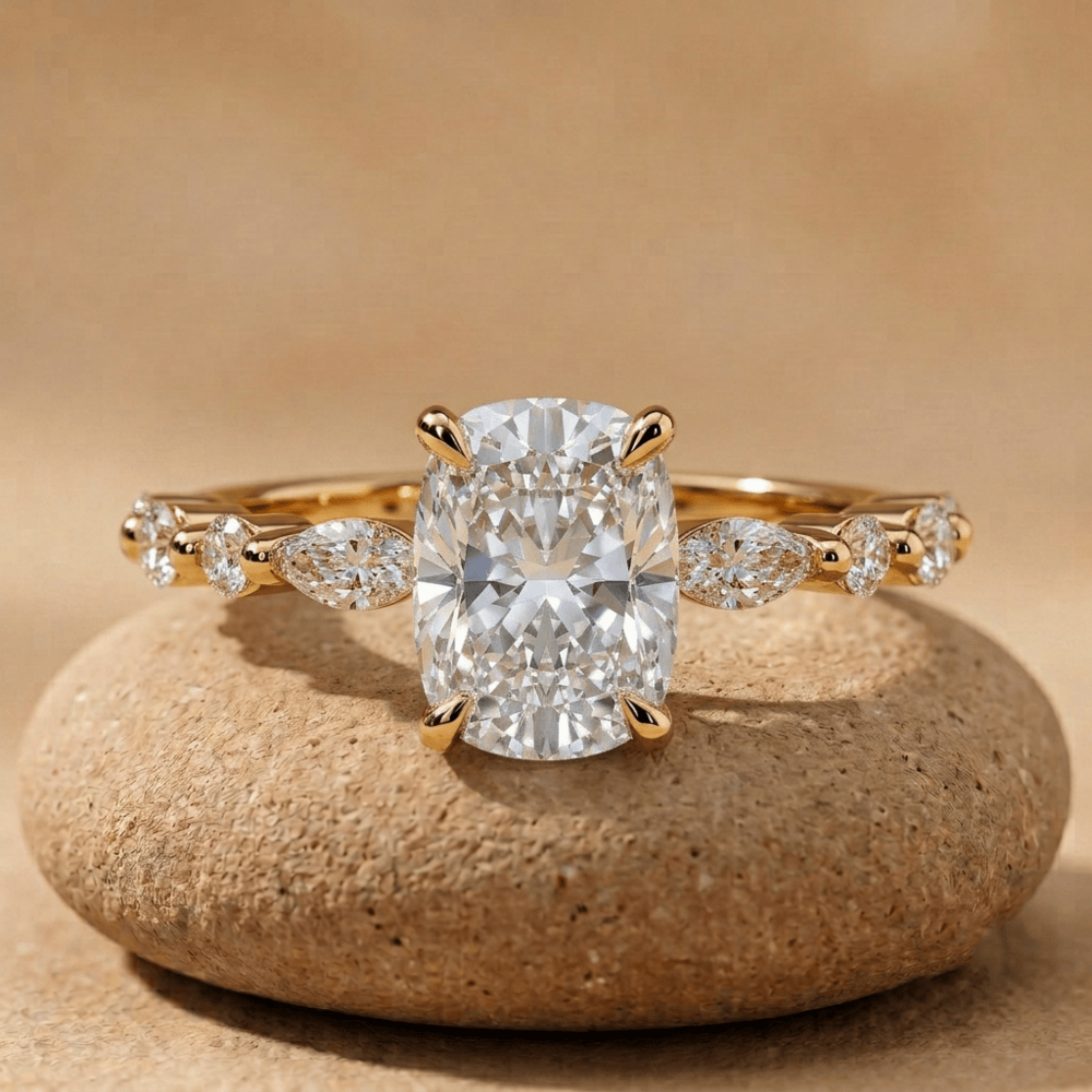 Elongated cushion moissanite engagement ring in 18K yellow gold