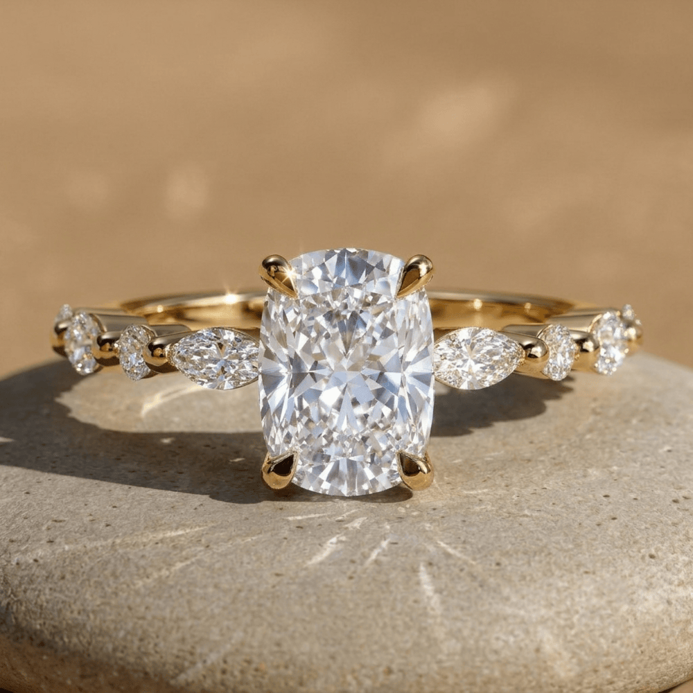 18K yellow gold elongated cushion hidden halo engagement ring